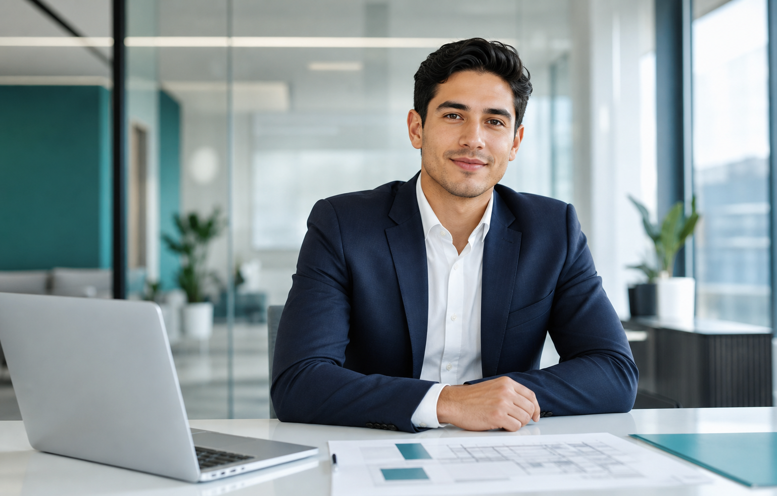 Profesional joven en oficina moderna con documentos de proyecto